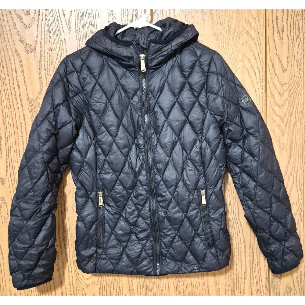 Michael Kors Black Winter Puffer Jacket With Hood Gold Hardware Pockets Size S